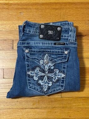 Miss Me Dark Blue Boot Cut Jeans with Embroidered Crystal Pocket